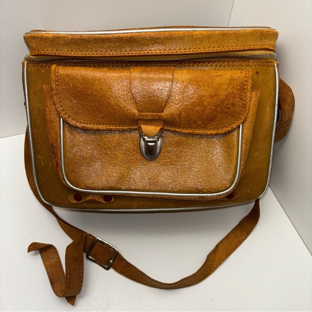 Vintage camera bag: monogrammed brown leather with original flash case